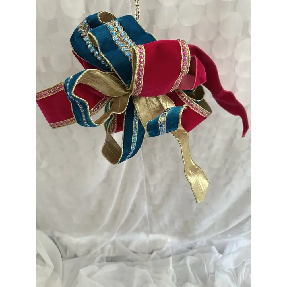 LARGE Handmade Velvet Crystal Christmas Bows Pink Blue Gold Tree Wreath Decor